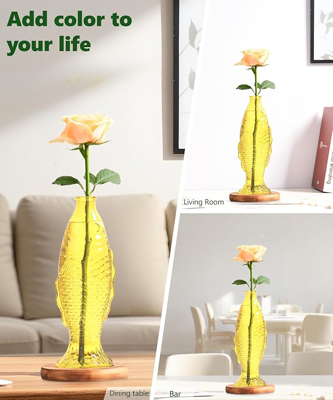 Nacome Fish Vase Glass Plant Terrarium with Wooden Stand,Planter Propagation Station for Home Office Hydroponics Desk Decoration,Unique Gardening Gifts for Plant Lovers Women Mom(Yellow)-Ruum Studio Home