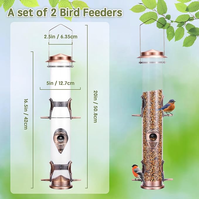 MIXXIDEA 2PK Metal Wild Bird Feeder Squirrel Proof for Outside Hanging - 6 Port Tube Transparent Finch Feeder With Steel Hanger (Antique Copper)-Ruum Studio Home