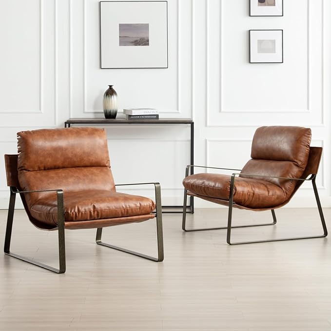 DUOMAY Mid-Century Accent Chairs Set of 2, Comfy PU Leather Leisure Chairs Lazy Chairs with Brozen Metal Leg for Living Room Bedroom Office Apartment, Brown-Ruum Studio Home
