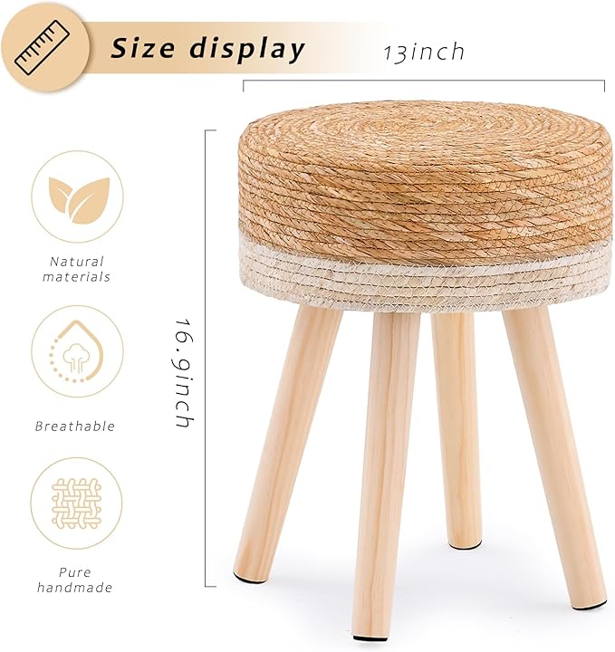 Handwoven Outdoor Ottoman, Water Hyacinth Pouf Round Patio Footstool with Wood Legs, 17-Inch Multipurpose Vanity Stool, Dining Chair, Patio Footrest for Balcony and Garden, White-Ruum Studio Home