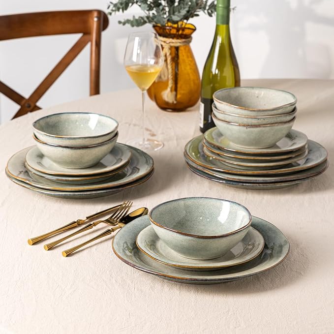 AmorArc Ceramic Dinnerware Sets, Handmade Stoneware Reactive Glaze Plates and Bowls Set, Scratch Resistant | Dishwasher & Microwave Safe Dishes Set, Service for 4 (12pc)-Ruum Studio Home