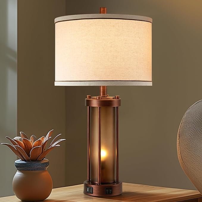 Set of 2 Farmhouse Table Lamps for Living Room, Rustic Bedside Lamps with 2 USB Charging Ports, Bedroom Nightstand Lamp with Amber Frosted Glass Nightlight, 4 Bulbs Includes-Ruum Studio Home