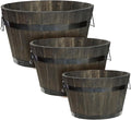 IDZO Set of 3 Wooden Flower Planters for Outdoor Plants, Acacia Wood Barrel Planters, Ergonomic Handles, Drainage Holes, Various Sizes, Black-Ruum Studio Home