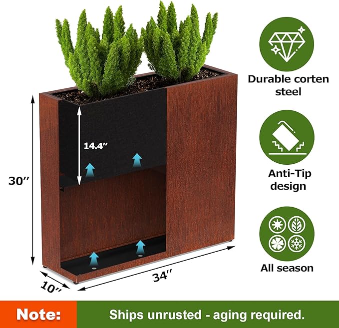 Large Corten Steel Planter Box Outdoor, 30" H x 34" W x 10" D,Tall Rectangular Metal Rusted Planters with Grow Bag,Naturally Rusting Steel Flower Pot,Rustic Décor for Patio,Garden,Deck,Backyard-Ruum Studio Home