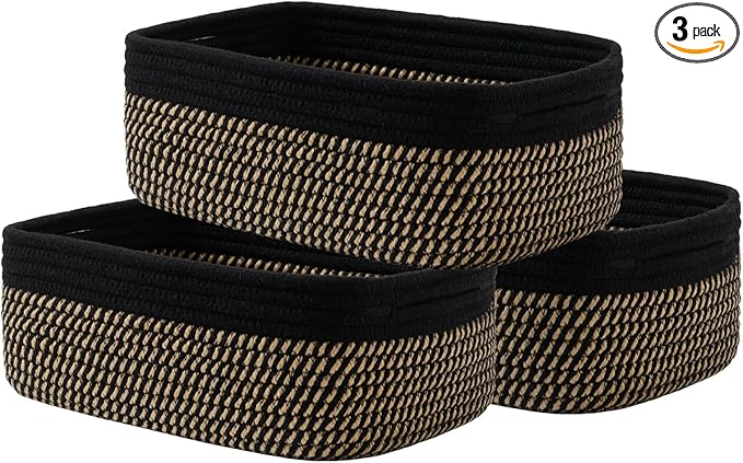 KALLAX Small Woven Basket, 12 x 8 x 4.5 Inches, Storage Basket for Organizing, Cute Small Rope Shelf Closet Cube Storage Bins Baskets for Shelves, Dog Toy Gift Baskets Empty, 3 Pack Black & Brown-Ruum Studio Home