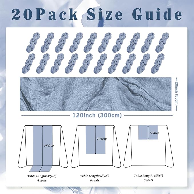 20 Pack Dusty Blue 10FT Cheesecloth Table Runner Rustic Gauze Fabric Cheese Cloth Table Runner for Wedding Bridal Baby Shower Table Decor 20 x 120 Inch Long Boho Sheer Birthday Party Table Decorations-Ruum Studio Home