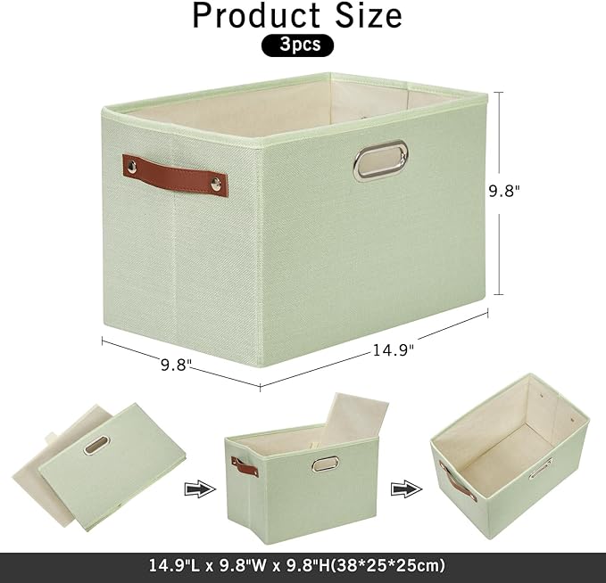 Large 3-Pack Foldable Fabric Storage Bins with Durable PU & Metal Handles, Collapsible Storage Baskets for Shelves, Home Storage, Closet Organizers, Living Room(14.9"x9.8"x9.8", Sage Green)-Ruum Studio Home