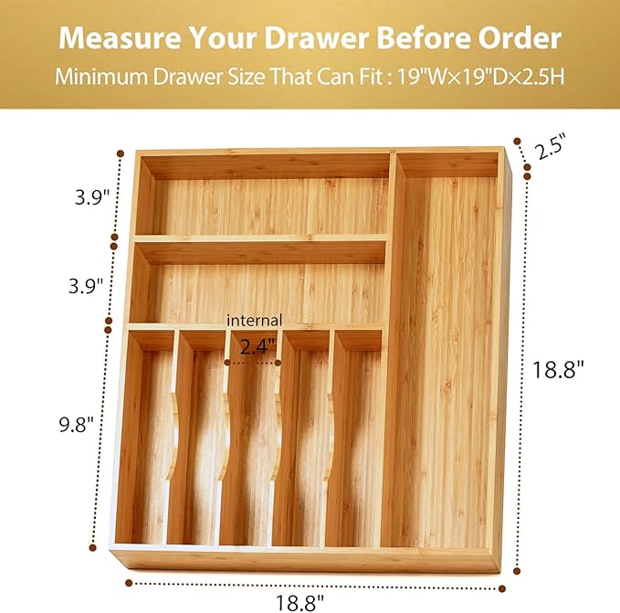 Umilife Large Kitchen Drawer Organizer, 19"x19" Silverware Utensils Organizer, 2.5" High for Large Deep Drawers, Bamboo Flatware Holder with Thick Frames, Sturdy Kitchen Organization Tray-Ruum Studio Home