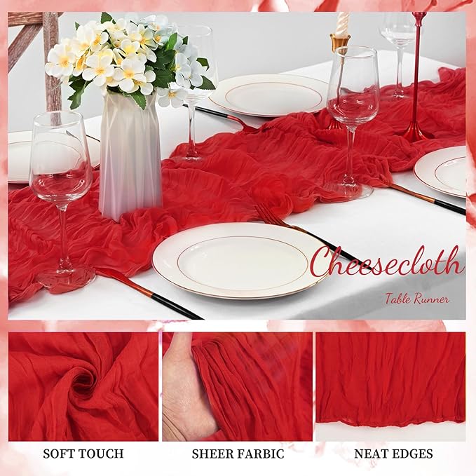 6 Pack Red 10FT Cheesecloth Table Runner Rustic Gauze Fabric Cheese Cloth Table Runner for Wedding Bridal Baby Shower Table Decor Boho Sheer Birthday Party Table Decorations 20 x 120 Inch Long-Ruum Studio Home