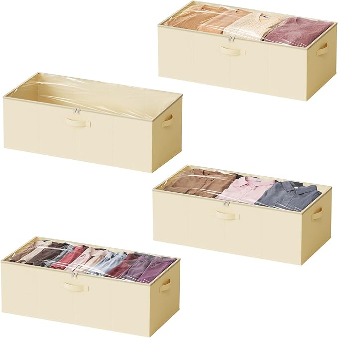 SpaceAid 4 Pack 10" High Under Bed Storage Containers, Large Underbed Storage Organizer Bins with Lids for Bedroom, Dorm, Clothes, Closet Organization, Bed Sheets and Blankets (Beige)-Ruum Studio Home