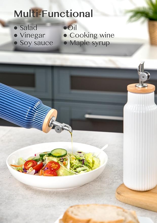 Nucookery Ceramic Olive Oil Dispenser Bottle for Kitchen, 14 oz Opaque Vinegar Dispenser Bottle, Large Capacity Cooking Oil Container for Storage Vinegar, Soy Sauce, Coffee Syrup, Blue-Ruum Studio Home