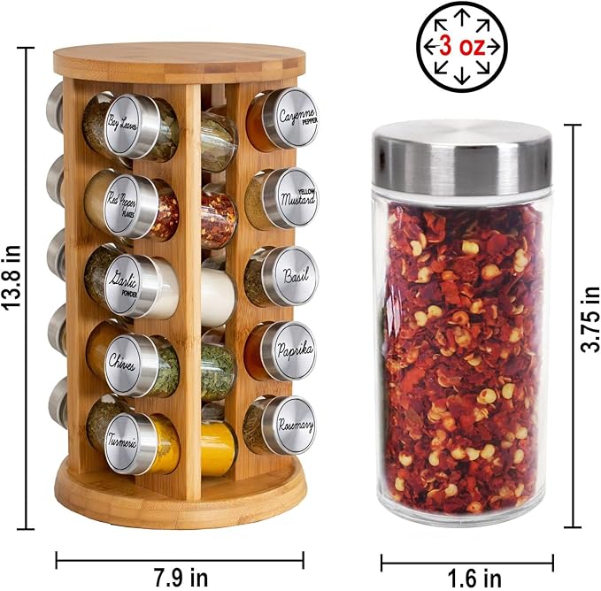 Orii 20 Jar Bamboo Spice Rack with Spices Included - Rotating Tower Organizer for Kitchen Spices and Seasonings, (Bamboo Wood)-Ruum Studio Home