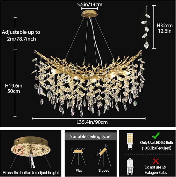 Modern Crystal Gold Chandelier, 36" Large Rectangular Oval Tree Branch Crystal Chandeliers for Dining Room,16-Light Flush Mount K9 Crystal Chandeliers, for Kitchen Island,Dining Room-Ruum Studio Home