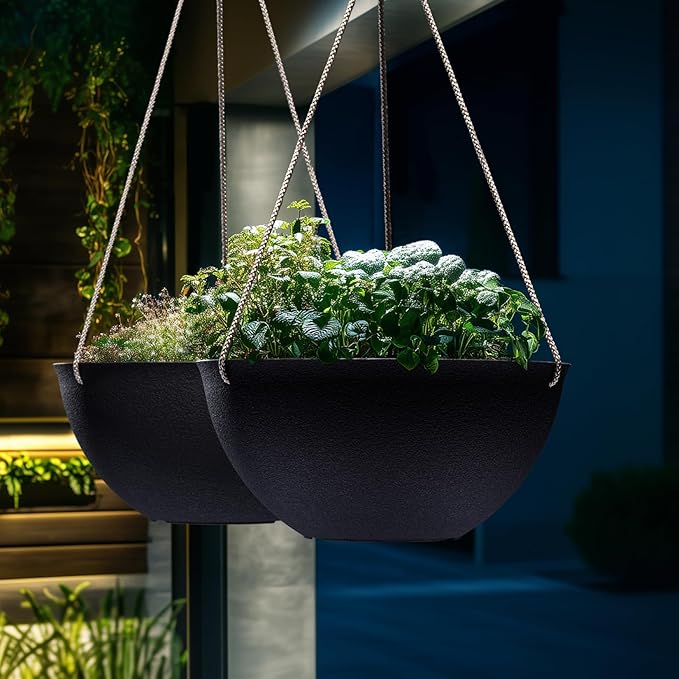 LA JOLIE MUSE Hanging Planters for Outdoor Plants, Large Hanging Planter with Drain Holes, Black Hanging Flower Pots (13.2 Inch, Set of 2)-Ruum Studio Home