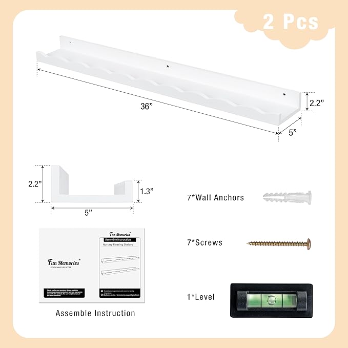 Fun Memories Picture Ledge Shelf for Wall, 36 inch Pine Wood Nursery Book Shelves Set of 2- Wall Book Shelves for Kids Room, Home Decor - Kitchen Spice-White-Ruum Studio Home