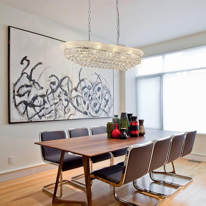 Rectangular Crystal Chandeliers for Dining Room,10 Lights Adjustable Height Oval Crystal Ceiling Light Fixture for Kitchen Island, Chrome Finish, L36''-Ruum Studio Home