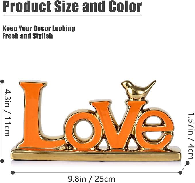 Love Sign Decoration,Orange and Gold Love Signs for Home Decor,Gold Bird Sculpture Personalized Love Decor,Gold Style Figurine Decorative Ornaments for Living Room,Bedroom,Cabinets (Love, Orange)-Ruum Studio Home