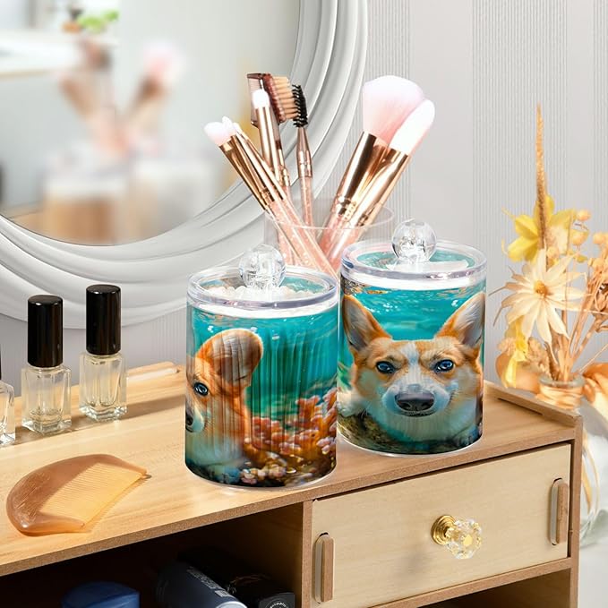 2 Pack Qtip Holder Organizer Dispenser Corgi Dog Underwater Bathroom Storage Canister Cotton Ball Holder Container for Cotton Pads/Swabs/Floss-Ruum Studio Home