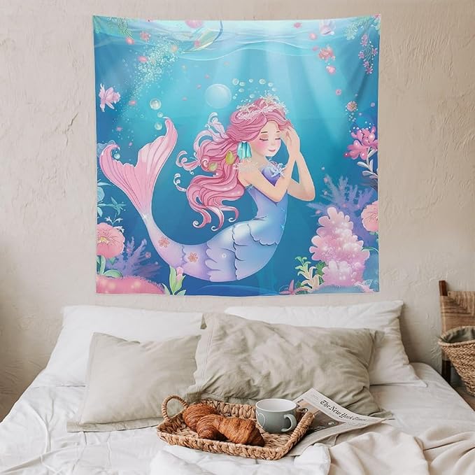HZOHNAGO Mermaid Girls Tapestry Watercolor Flowers Mermaid Princess Blessing Pattern for Kids Room Decoration Printed Wall Tapestry Wall Hanging for Bedroom Living Room Dorm 60" W x 60" H-Ruum Studio Home
