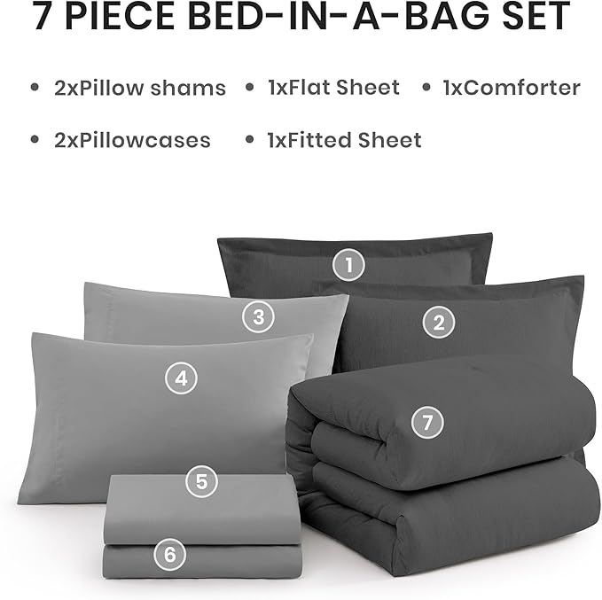 Monbix King Size Comforter Set, Dark Grey King Size Bed Set Reversible 7 Pieces, Cationic Dyeing Bed in a Bag with Comforter, Sheets, Pillowcases & Shams-Ruum Studio Home