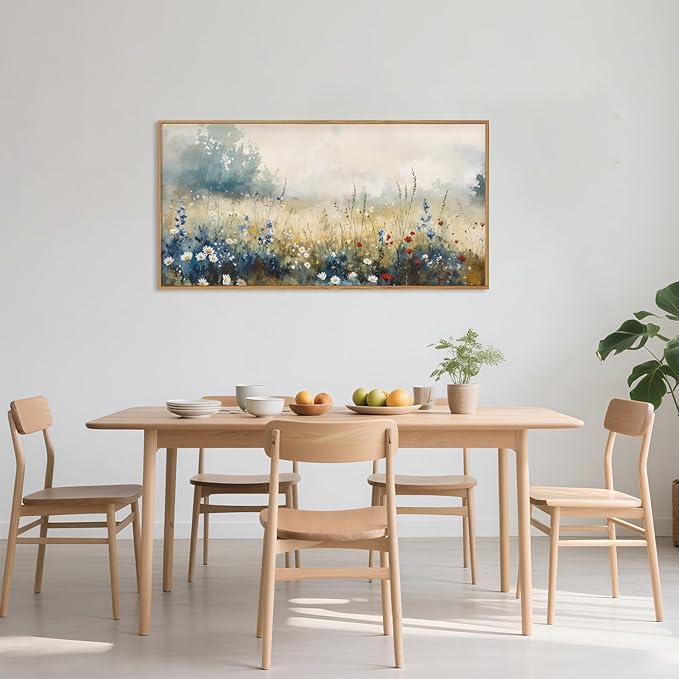 Nature Wildflower Framed Canvas Wall Art Set, Pastoral Landscape Wall Decor, Colorful Meadow Wall Painting, Rustic Floral Art Print for Living Room, Bedroom, Office - 20"X40"-Ruum Studio Home