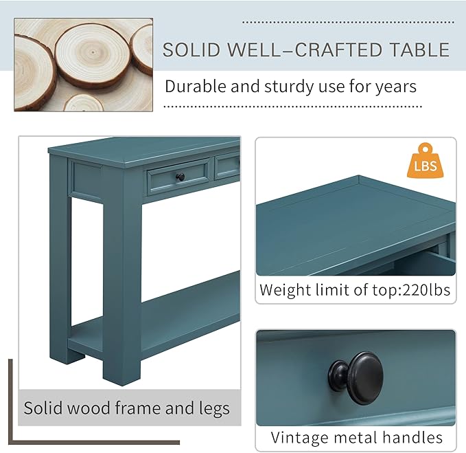 Solid Wood Console Table,63 in Long Sofa Table Entryway Table with 4 Drawers and Bottom Shelf for Hallway Living Room Couch Table,Fully Assembled (63" Dark Blue)-Ruum Studio Home