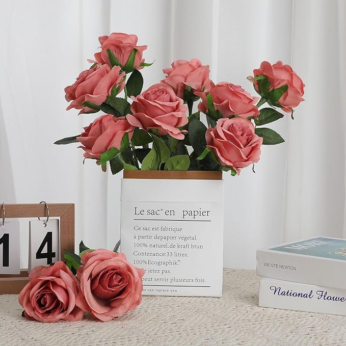 Pink Fake Roses Artificial Flowers - 10 Pcs Fake Artificial Roses Silk Flowers with Stems for Home Wedding Hotel Office Centerpiece Decor（Dusty Pink）-Ruum Studio Home