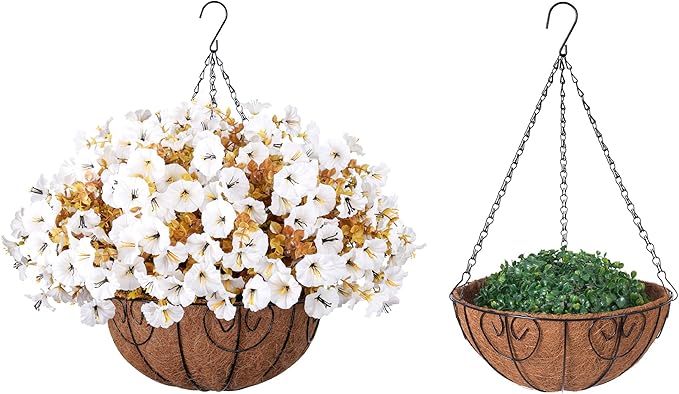 Artificial Fall Flowers Fake Hanging Plants Flowers Basket for Outdoors Autumn Decoration, Silk Morning Glory with Eucalyptus Look Real UV Resistant Faux Flowers for Outside Porch Patio Balcony, White-Ruum Studio Home