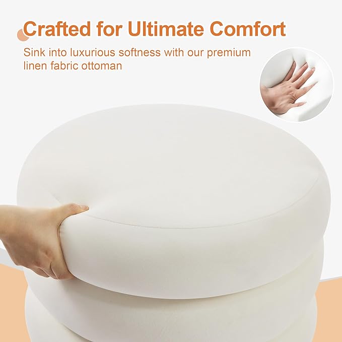 ONEVOG Round Storage Ottoman, 20" Small Ottomans Table with Removable Lid, Velvet Fabric Soft Footrest Stool for Couch, Upholstered Stuffed Circle Seat for Living Room/Bedroom/Dorm/Vanity, Lvory White-Ruum Studio Home