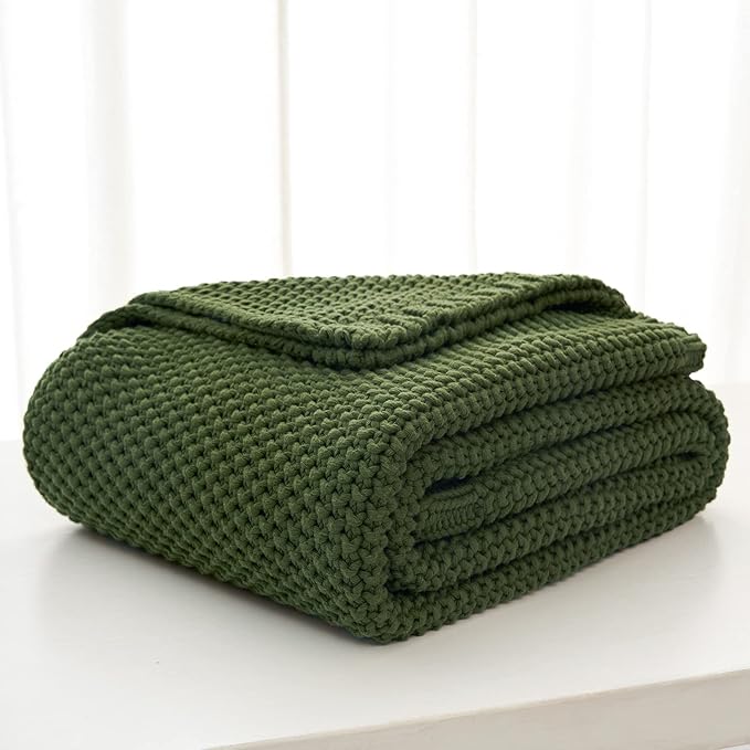 Longhui bedding Chunky Cable Knit Throw Blanket Lightweight Olive Green 100% Organic Cotton Blanket for Sofa Couch Bed Baby Nursery, Rustic Shabby Chic Modern Farmhouse, 60” x 80” Give Laundering Bag-Ruum Studio Home