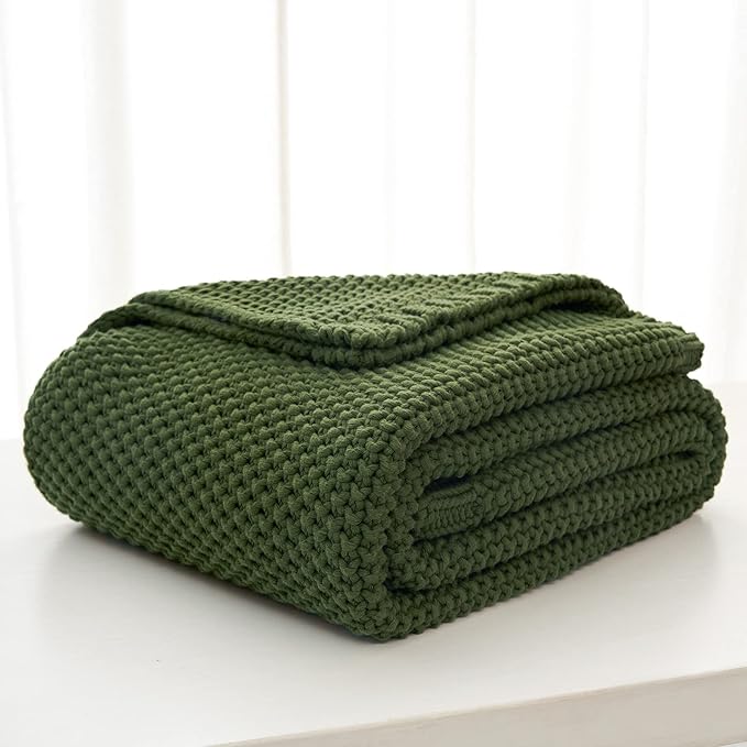 Longhui bedding Chunky Cable Knit Throw Blanket Lightweight Olive Green 100% Organic Cotton Blanket for Sofa Couch Bed Baby Nursery, Rustic Shabby Chic Modern Farmhouse, 51” x 63” Give Laundering Bag-Ruum Studio Home