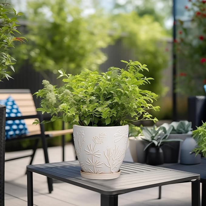6.9 Inch Ceramic Plant Pot for Indoor Plants Outdoor Round Planter Flower Pot with Drainage Hole and Saucer for Home Garden Office Decor White-Ruum Studio Home