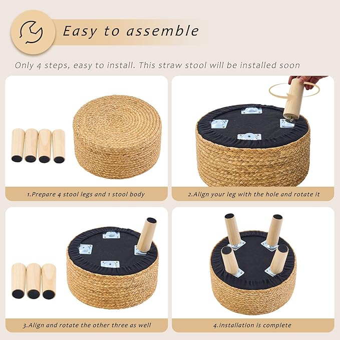 Handwoven Round Ottoman, Natural Water Hyacinth Outdoor Patio Pouf Seagrass Low Stool with Wood Legs, Soft Padded Footrest for Living Room Bedroom Garden, Natural-Ruum Studio Home