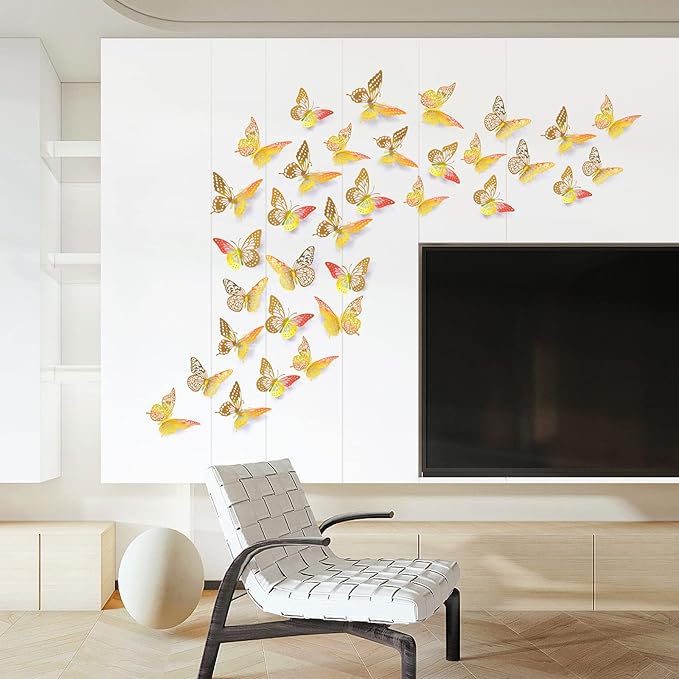 SAOROPEB 3D Butterfly Wall Decor - 48 Pcs, 4 Styles, 3 Sizes - Removable Gold Decorations for Birthday & Party Celebrations-Ruum Studio Home