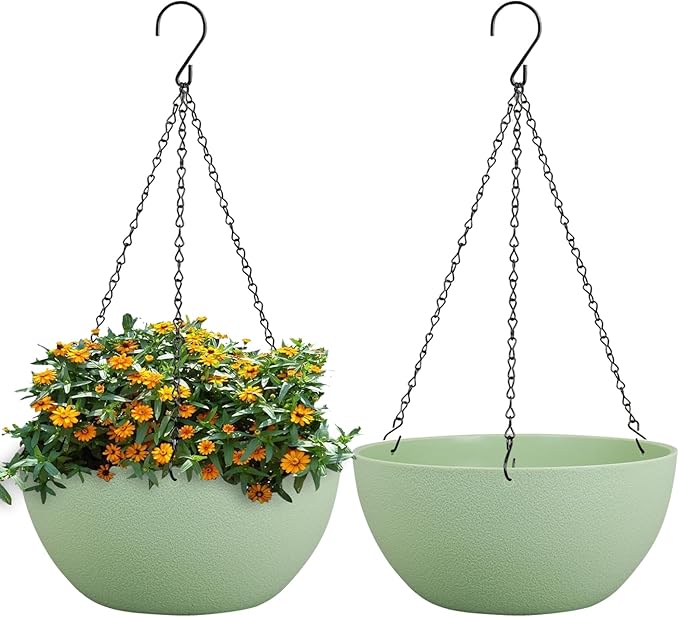 10 inch Hanging Planters for Outdoor Indoor Plants with Drainage Holes and Chain, 2 Pack Round Hanging Flower Pots for Garden Home Porch Decor,Green-Ruum Studio Home