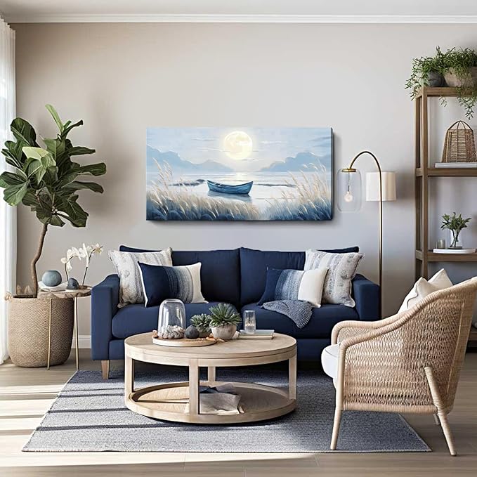 Large Wall Art for Living Room Bedroom Decor - Modern Nautical Beachy Ocean Beach Seascape Nature Artwork with Blue Boat Moon Lake Mountain Sea - Relaxing Serene Canvas Picture for Coastal Rustic Home-Ruum Studio Home