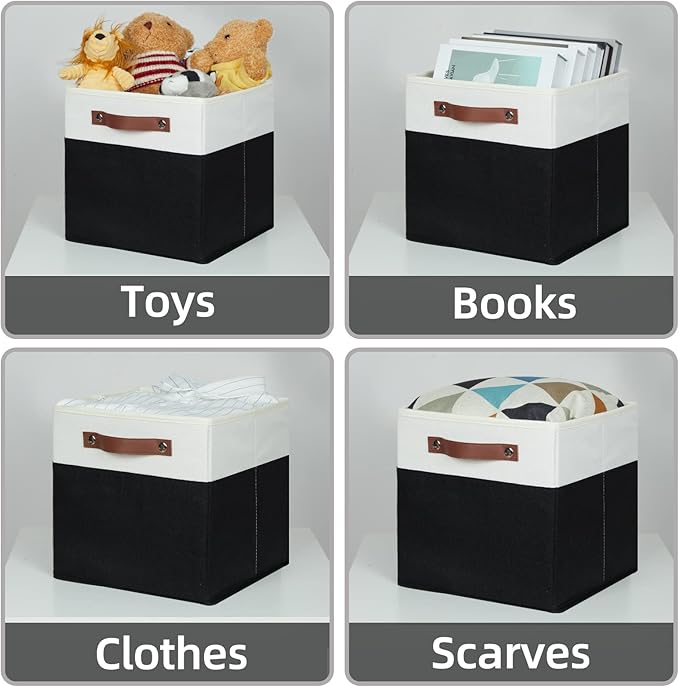 HNZIGE Cubes Storage Bins Set of 4,11 x 11 Fabric Storage Cube Baskets for Storage,Decorative Storage Bins for Shelves with Handles,Closet Clothes Baskets for Organizing Home(Black White)-Ruum Studio Home