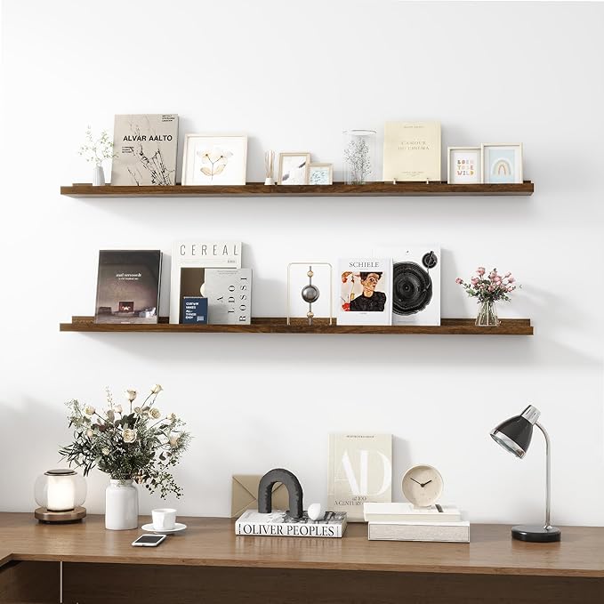 Picture Ledge Shelf, Wood Long Floating Shelves for Wall, Set of 2, 56 inch Picture Ledge Shelves, Photo Ledge Nursery Book Shelves Wall Mounted for Living Room Kids' Room Bedroom, Color Walnut-Ruum Studio Home