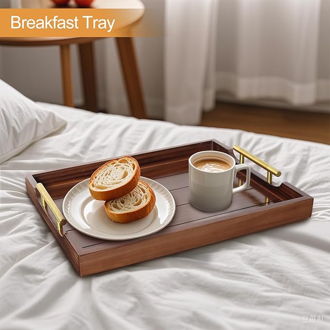 Coffee Table Tray - Large Ottoman Trays for Living Rooms - Wood Serving Tray with Handles(2 Sets) - Wooden Tray for Coffee Table, 4 Round Coasters Included, Dark Brown-Ruum Studio Home