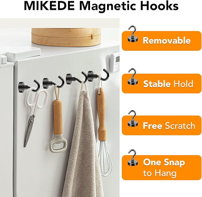 MIKEDE Magnetic Hooks, 40Lbs Strong Neodymium Black Magnet Hook for Hanging, Heavy Duty Magnetic Hooks Classroom Must Have, Magnet with Hooks for Home, Kitchen, Workplace, School - Pack of 10-Ruum Studio Home