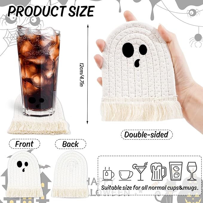 Whaline Halloween Ghost Cotton Coasters Cute White Ghost Shape Handmade Braided Drink Coasters Absorbent Cup Mats for Trick or Treat Party Home Table Decor, Set of 4-Ruum Studio Home