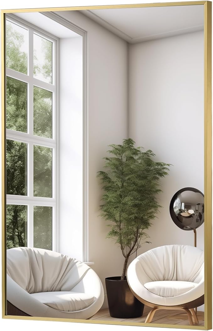 FARMER 22x30 Inch Gold Bathroom Mirror, Rectangle Wall Mounted Mirror, Vanity Mirror, Brushed Square Mirror, Framed Bathroom Mirror for Bedrooms, Entryways, Living Rooms, Horizontal/Vertical-Ruum Studio Home