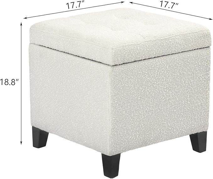 Adeco 18 Inch High Cube Ottoman Storage, Linen Chair Foot Stools, Upholstered Vanity Stool with Hinged Lid, Solid Wood Legs (White Circle Yarn)-Ruum Studio Home