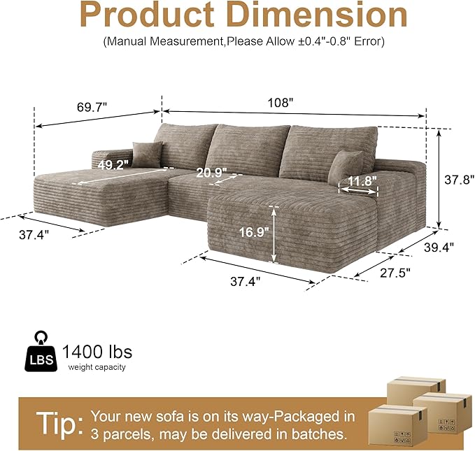 108" Sectional Couches for Living Room Modern Modular Sofa with L-Shape Couchs Upholstered Boneless Couch Deep Seat Sectional Couch with Chaise (Camel, Left Facing Chaise+2Seaters+1Ottoman)-Ruum Studio Home