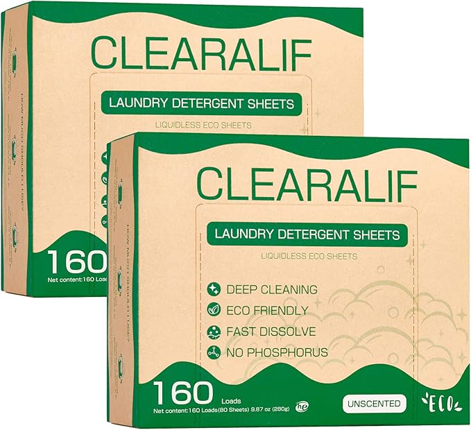 CLEARALIF Laundry Detergent Sheets up to 320 Loads (160 sheets), Unscented, Laundry Detergent Strips Eco Friendly & Hypoallergenic (160 Count,Pack of 2)-Ruum Studio Home