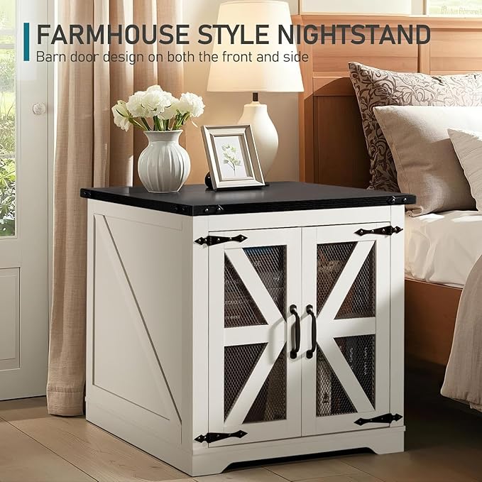 Farmhouse End Table, 24" Large Sofa Side Table with Charging Station, Mesh Barn Door, White Nightstand with Adjustable Storage Shelf, Square Nightstand for Living Room, Bedroom, Office-Ruum Studio Home