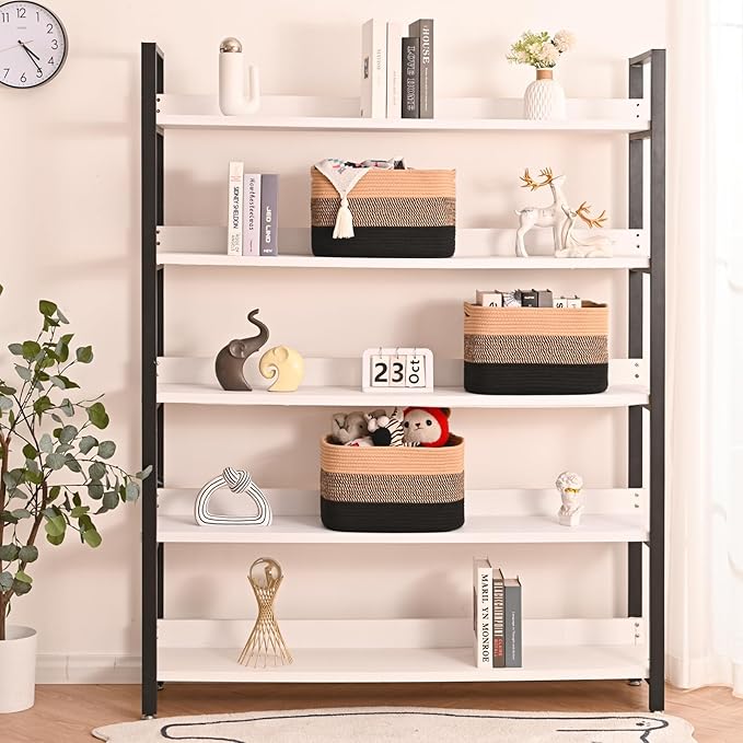 Storage Baskets for Organizing Shelves, Decorative Baskets for Storage, Woven Cotton Rope Basket for Living Room Bedroom Nursery, 15"x11"x9.5", 3 Packs, Gradient Black & Jute-Ruum Studio Home