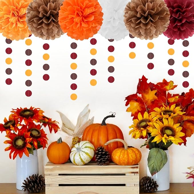 Brown Burgundy-Orange Party-Decorations Paper-Flowers Lanterns - 15PCS Fall Boho Tissue Pom Poms Streamers,Baby Bridal Shower Rustic Wedding Neutral Birthday Coffee Halloween ThanksgivingDecor Hugfond-Ruum Studio Home