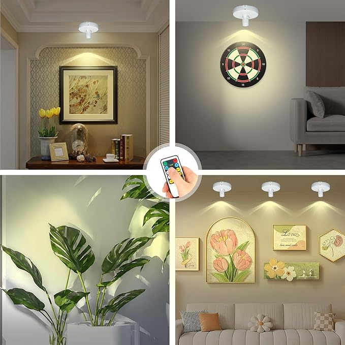 Cordless Spotlight Battery Powered, LED Accent Lighting with Remote and Timer, Display Puck Lights, Stick Uplight for Tree Portrait Gallery Picture Dartboard Painting Art Photo Plant-Ruum Studio Home