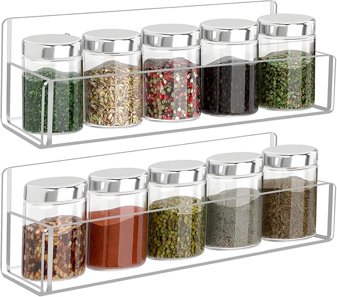 Acrylic Spice Rack Wall Mount-9 Inch, Clear Spice Shelf Storage Holder, 2 Pack Hanging Seasoning Rack Organizer for Cabinet Door, Cupboard or Wall Kitchen (Adhesive or Screw)-Ruum Studio Home